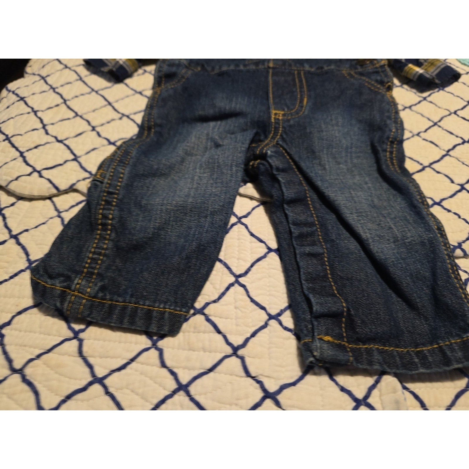 Carters 3M Boys Blue & Gold Checkered Plaid Black Denim Overalls