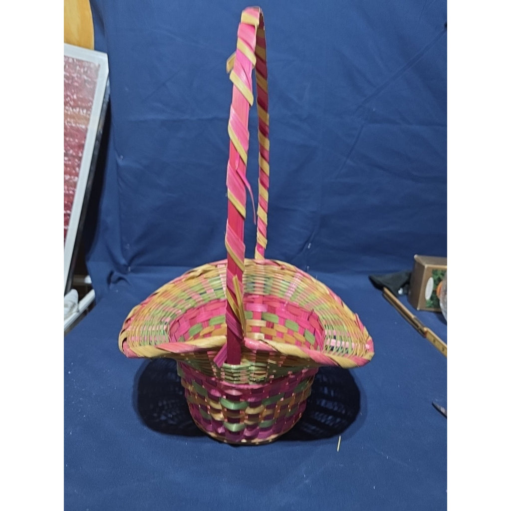 Vintage Large Easter Basket Handle Weaved Wicker Mexico Hand Woven Pink Green