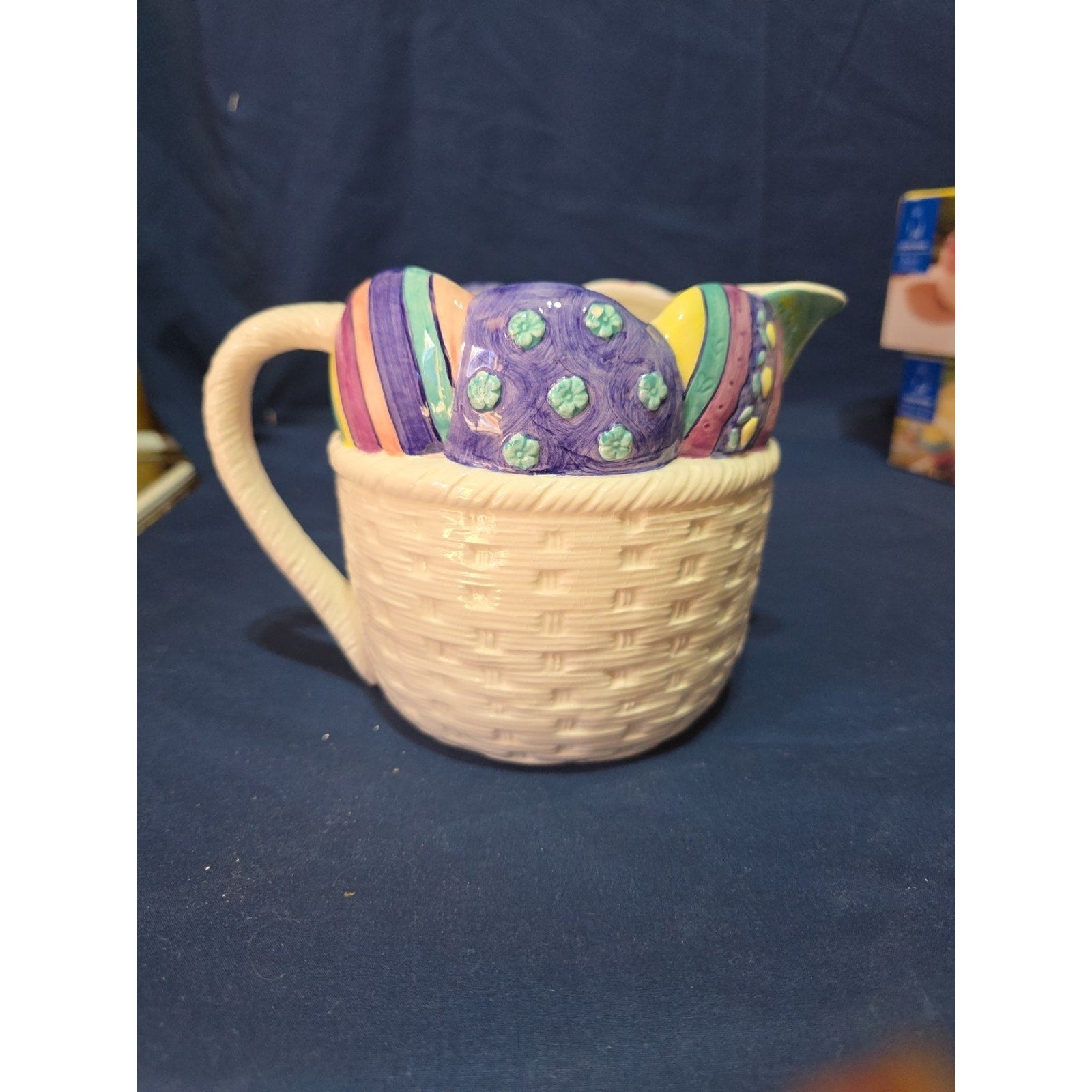 Ceramic Easter Egg Bunny Rabbit Picther or Creamer Woven basket Decoration