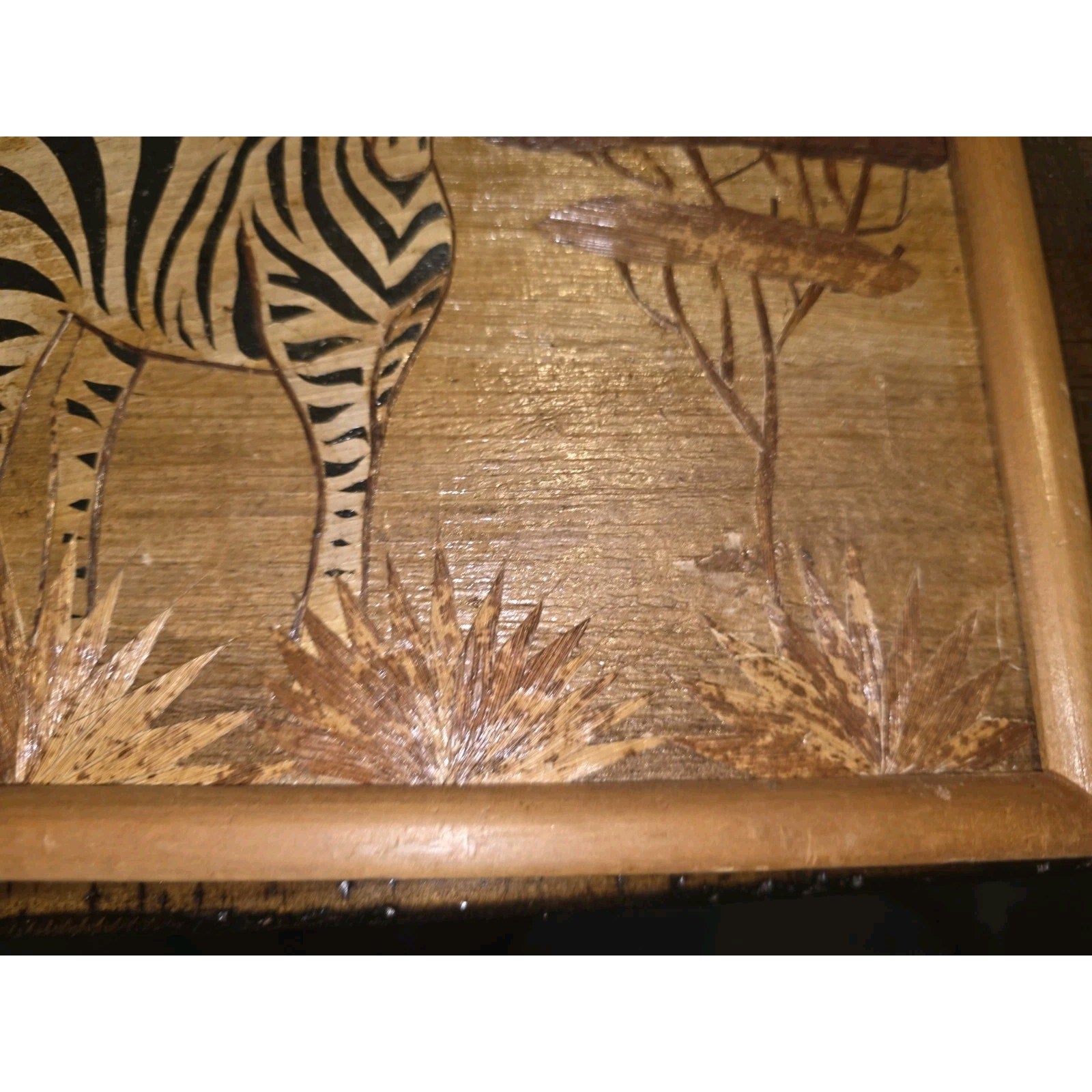 Vintage African Banana Leaf Mosaic Art Framed Zebra Folk Art Mid Century Kenya