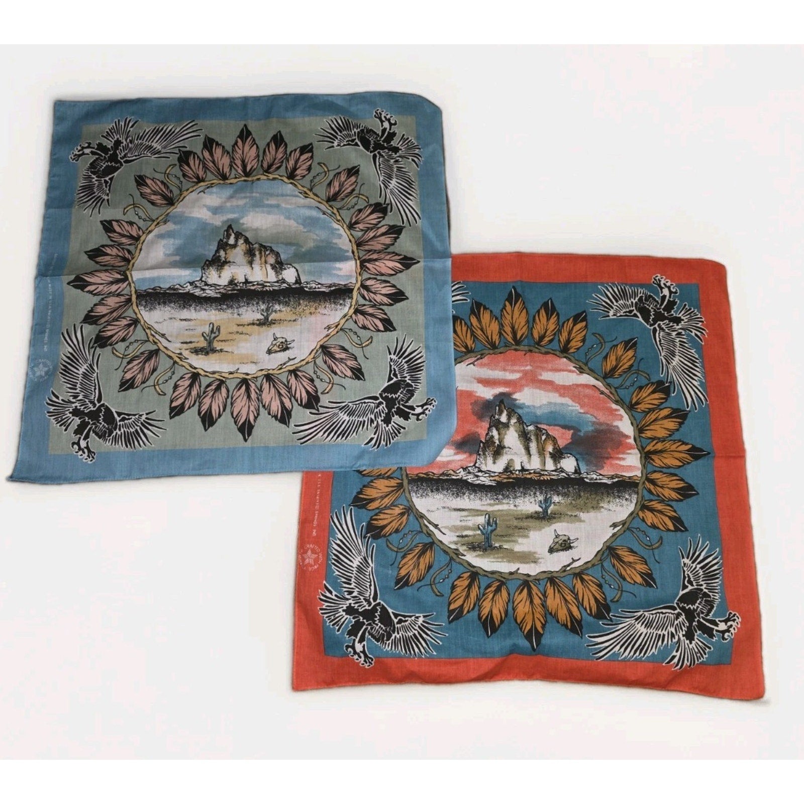 Vintage Lot of 2 1970s Springs Industries Native American Bandana 21"x21.5" USA