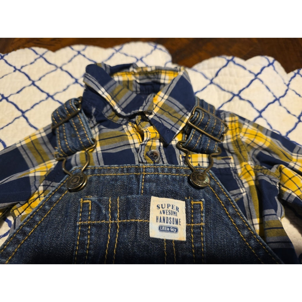 Carters 3M Boys Blue & Gold Checkered Plaid Black Denim Overalls