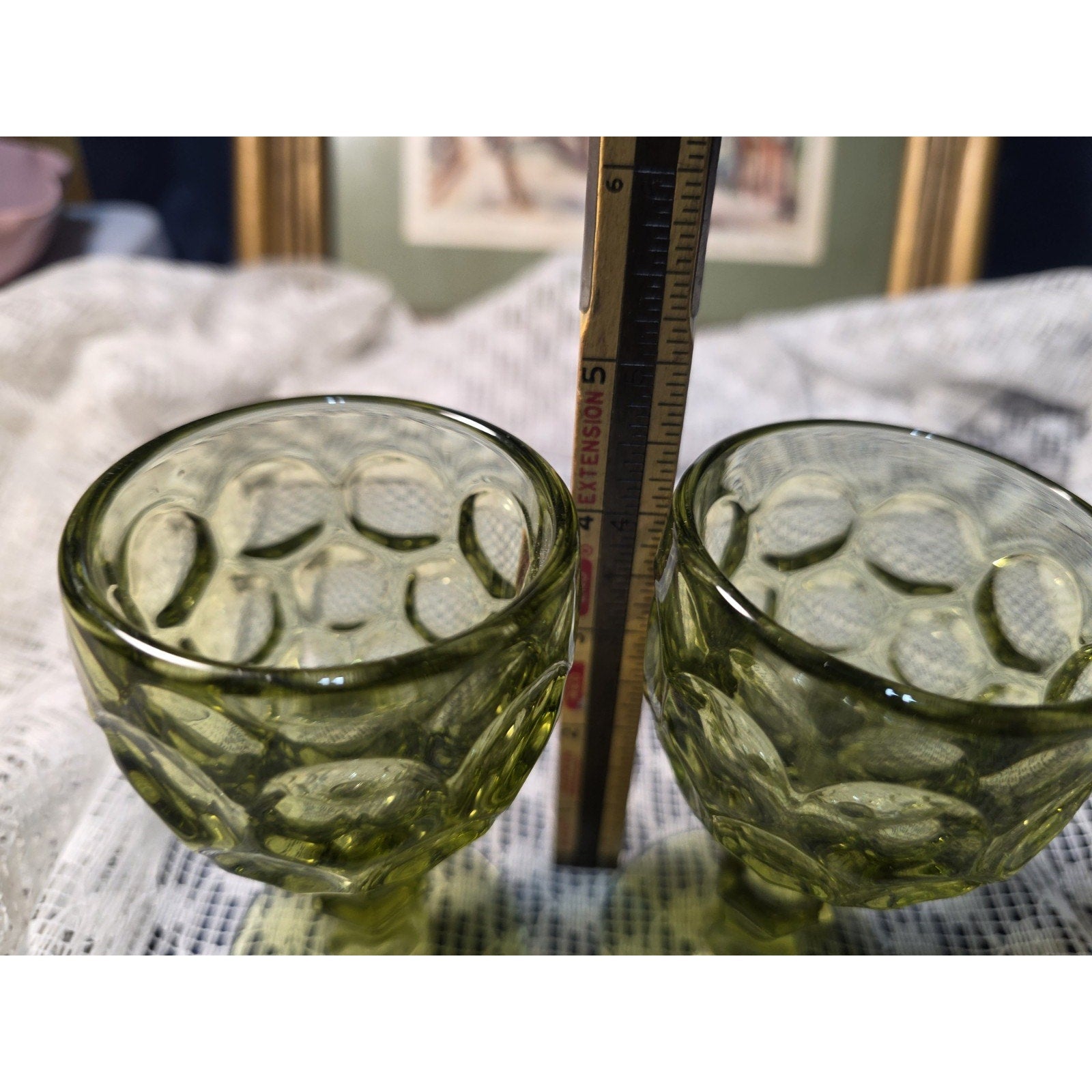 Vintage Imperial Glass Provincial Green Thumbprint Water Goblet Set of 2
