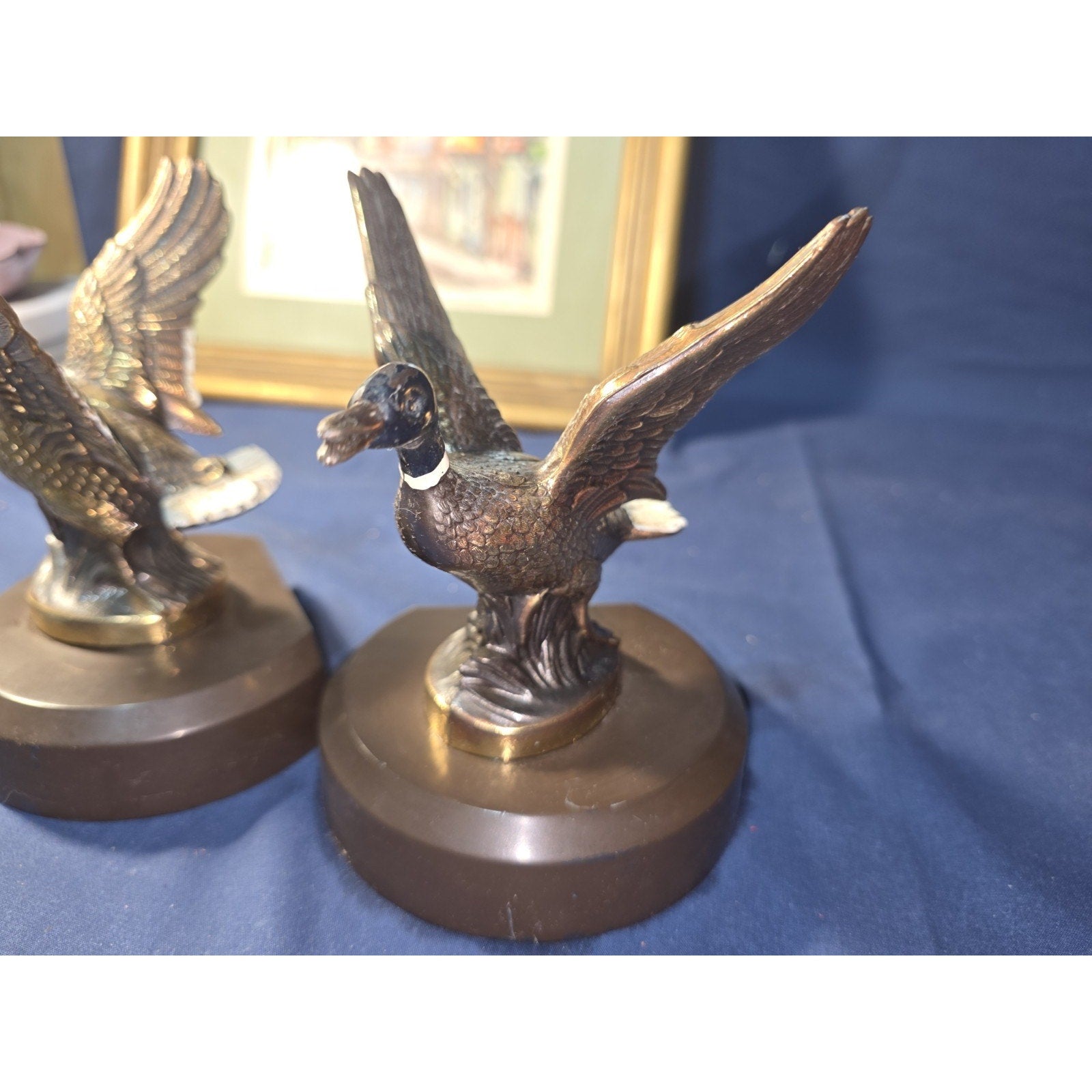 Vintage Solid Brass Mallard Duck Bookends Pair MCM Heavy Flying Waterfowl Decor