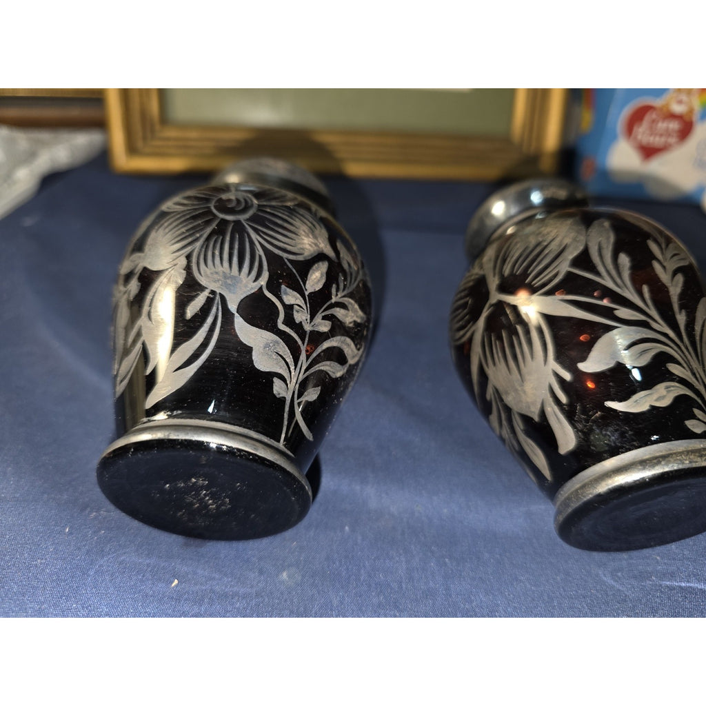 Amethyst Glass Vases Silver Overlay Floral Design Art Deco Set of 2 4.25" EUC