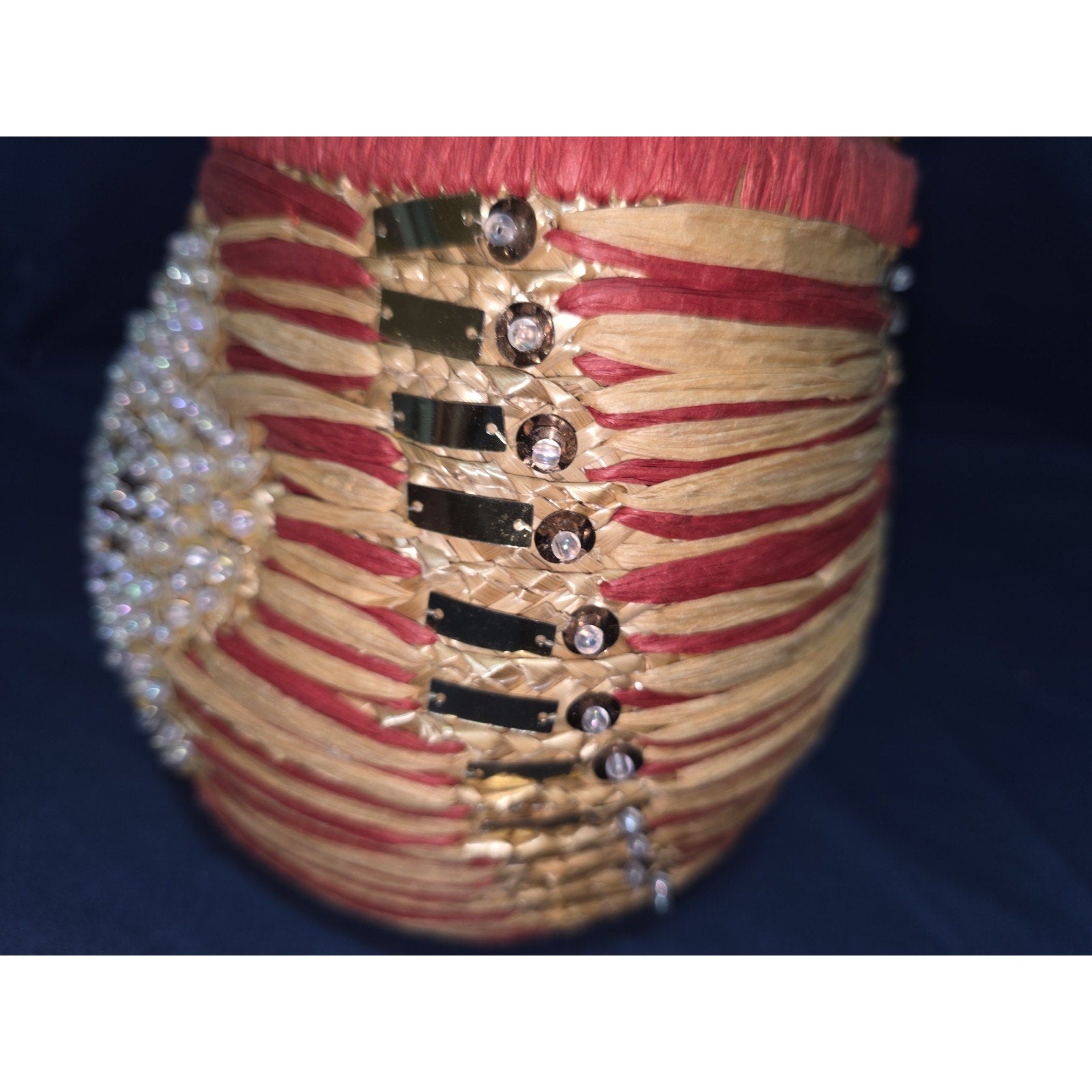 Vintage Boho Woven Straw Mini Handbag – Floral Sequin & Bead Accents