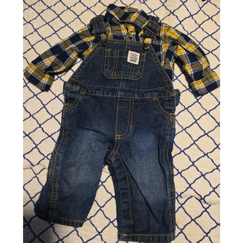 Carters 3M Boys Blue & Gold Checkered Plaid Black Denim Overalls