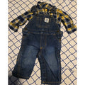 Carters 3M Boys Blue & Gold Checkered Plaid Black Denim Overalls