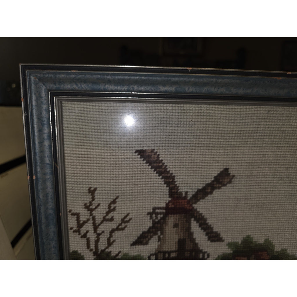 Vintage Needlepoint Framed Art Windmill Scene Dutch
