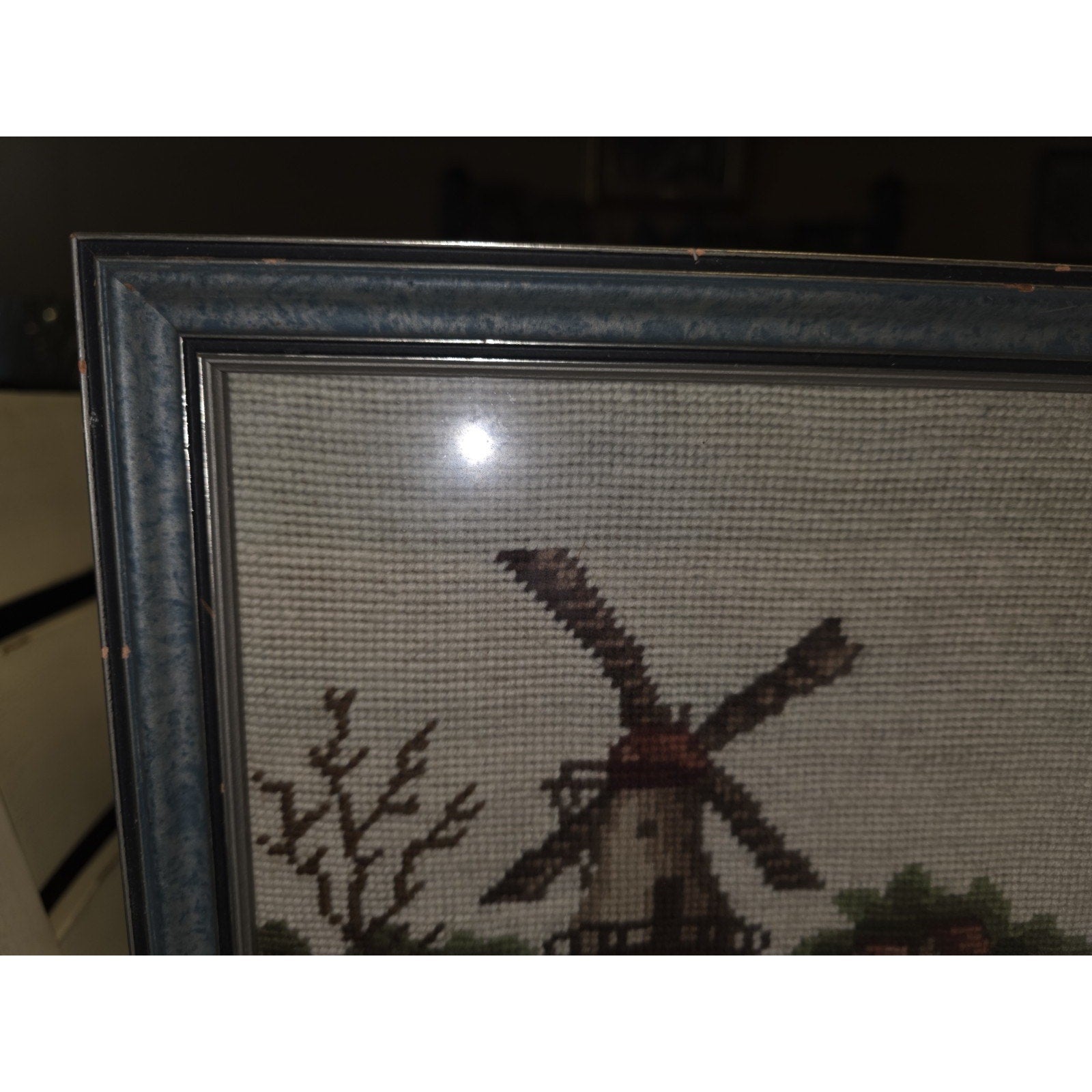 Vintage Needlepoint Framed Art Windmill Scene Dutch