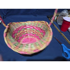 Vintage Large Easter Basket Handle Weaved Wicker Mexico Hand Woven Pink Green