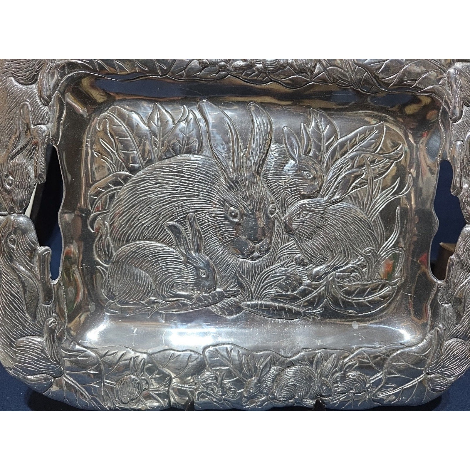 Arthur Court Embossed Bunny Rabbit Tray Platter 18.25 x 13.5 in Aluminum 1985