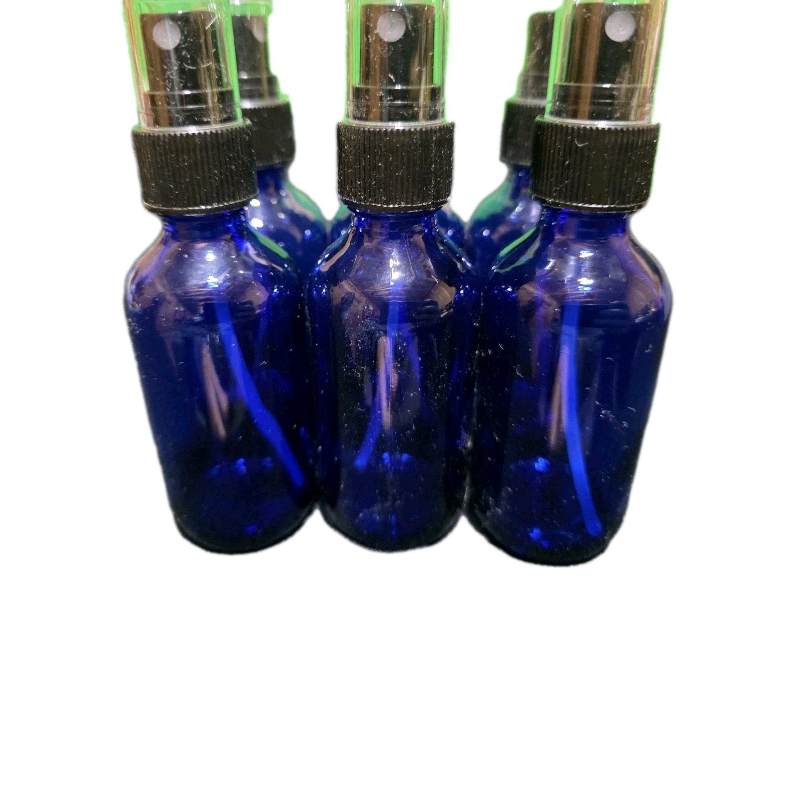 6 NEW Cobalt Blue Boston Round GLASS Spray Bottle w/ Black sprayer 2 oz /60 Mil