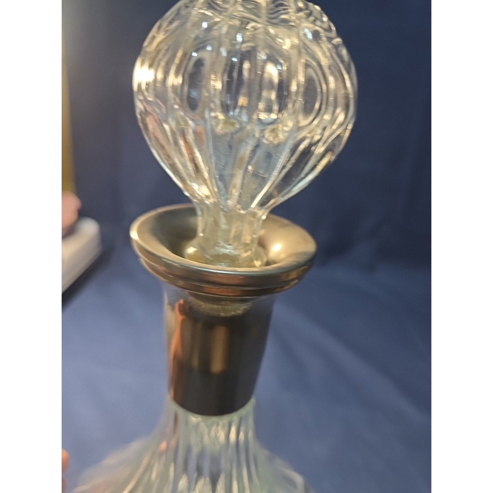 Vintage Ribbed Glass Wine/Liqueur Decanter With Stopper And Silverplate Collar