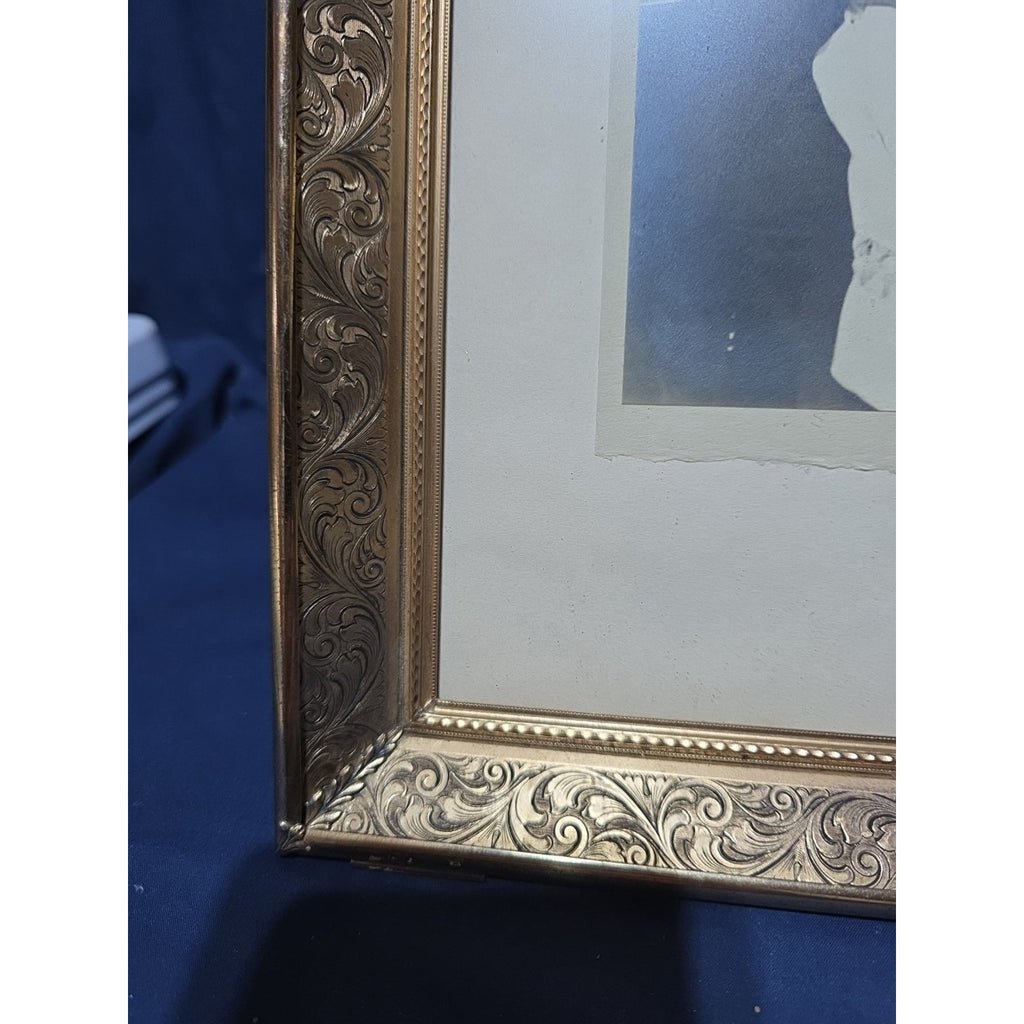 Vtg 11x14 Gold Tone Ornate Picture Frame Embossed Floral With Photo Bushmiller