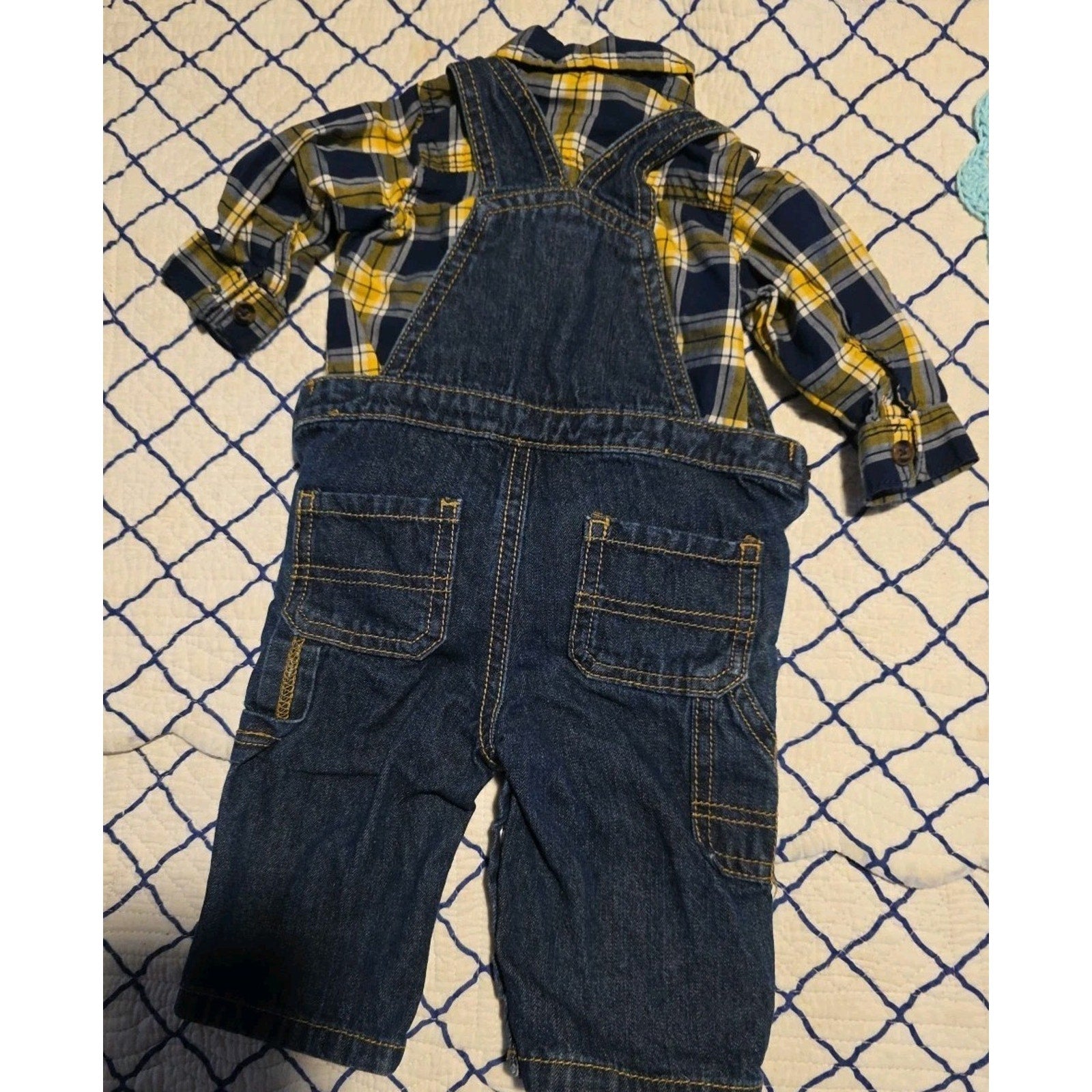 Carters 3M Boys Blue & Gold Checkered Plaid Black Denim Overalls
