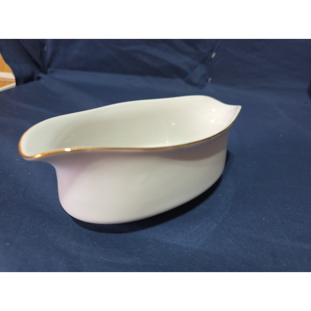 White Oval Gravy Boat with Gold Trim Made in Sri Lanka Hand Wash Recommended
