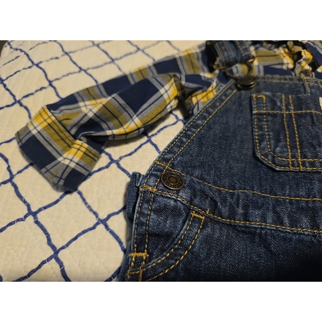 Carters 3M Boys Blue & Gold Checkered Plaid Black Denim Overalls