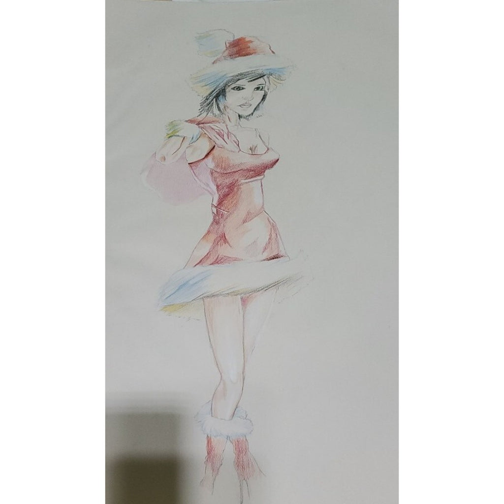 Original Art Colored Pencil Ske Woman Santa Artist Unknown. 18x24