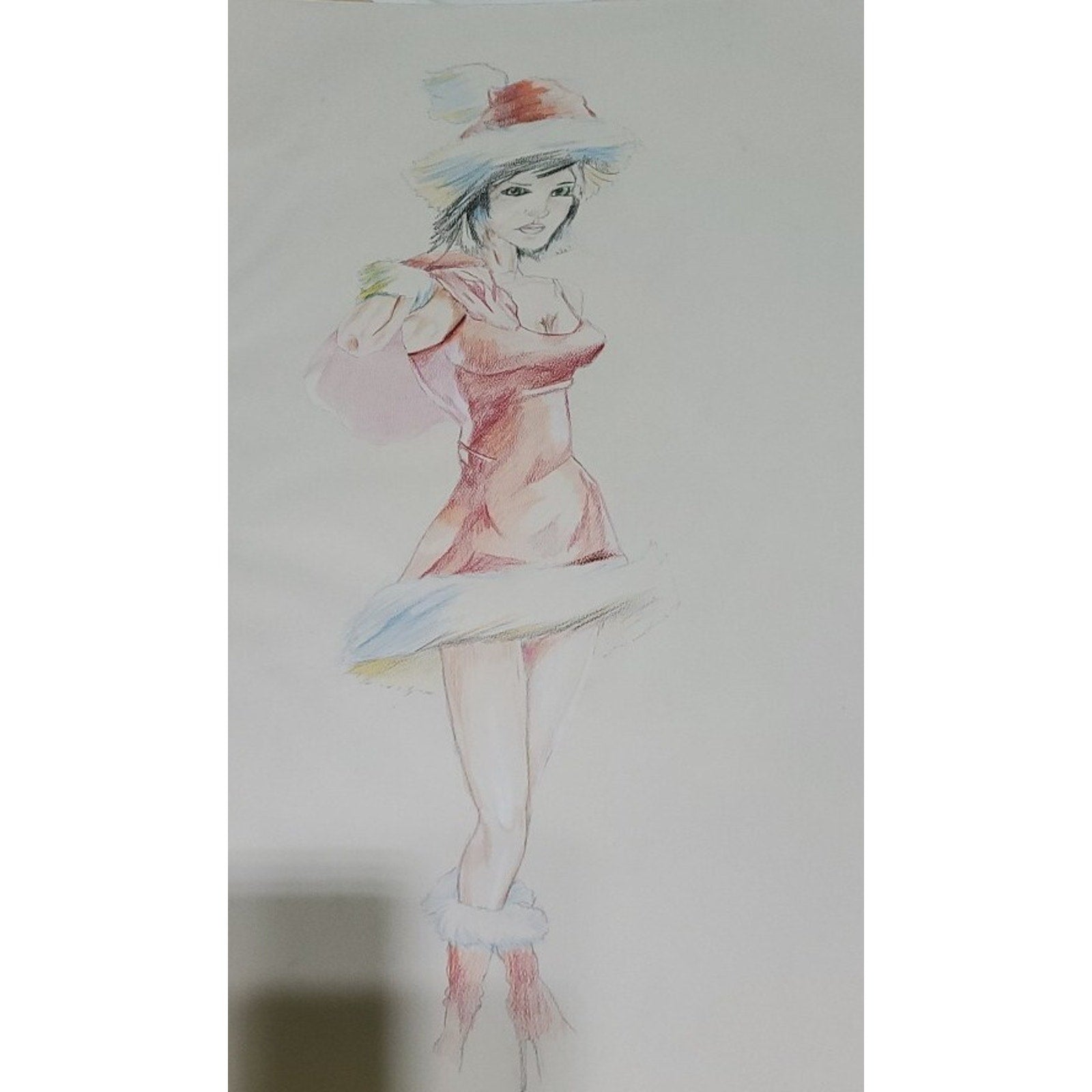 Original Art Colored Pencil Ske Woman Santa Artist Unknown. 18x24