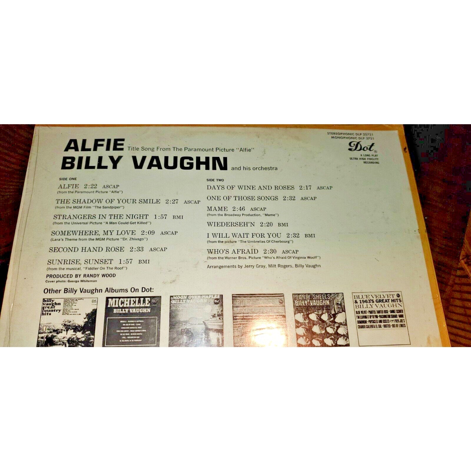 Billy Vaughn Alfie 1966 Dot DLP 25751 Stereo Easy Listening 33rpm Vinyl LP VG+
