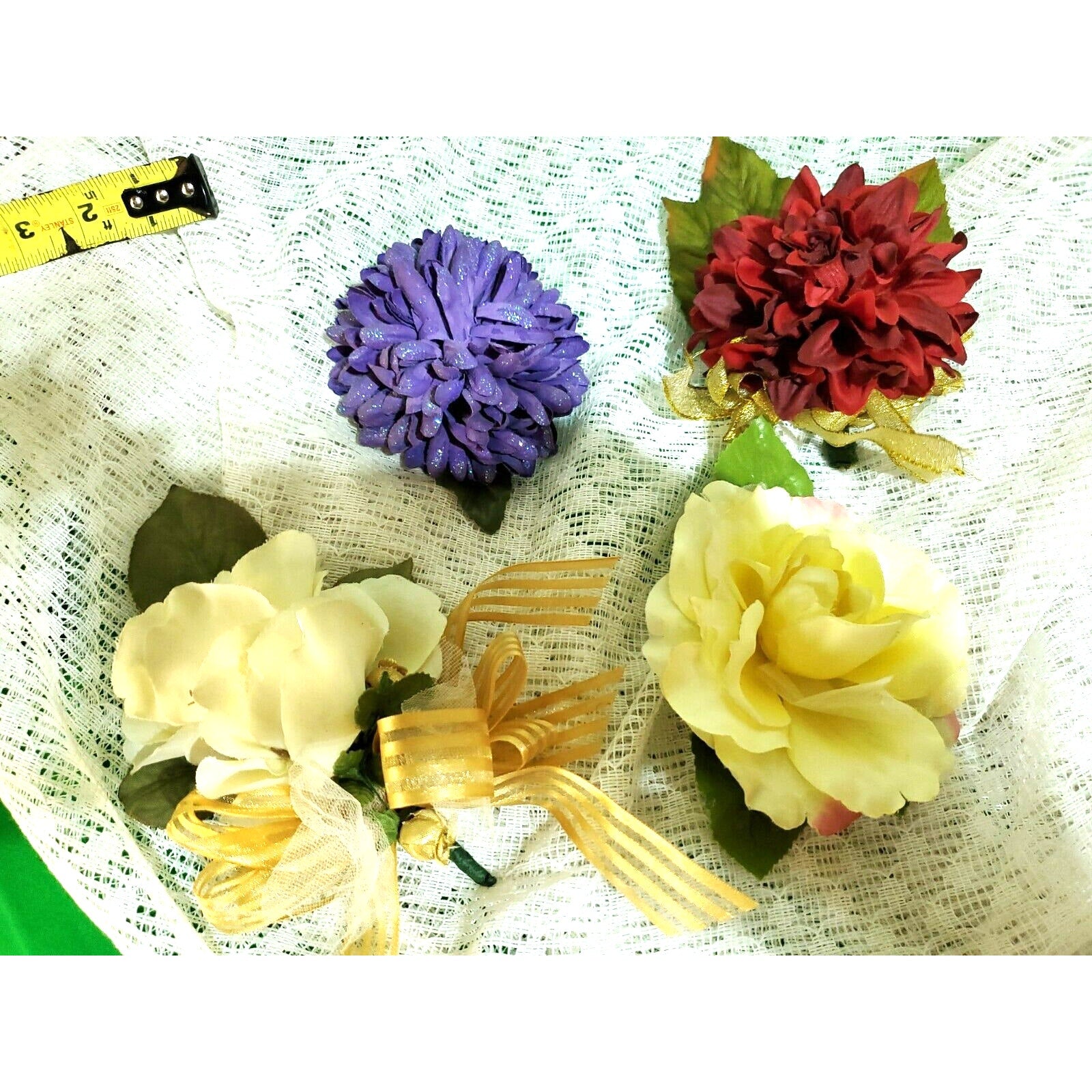 Lot of 4 Vintage Corsage Wedding Prom Gold yellow red purple Rose Corsage parts