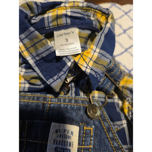 Carters 3M Boys Blue & Gold Checkered Plaid Black Denim Overalls