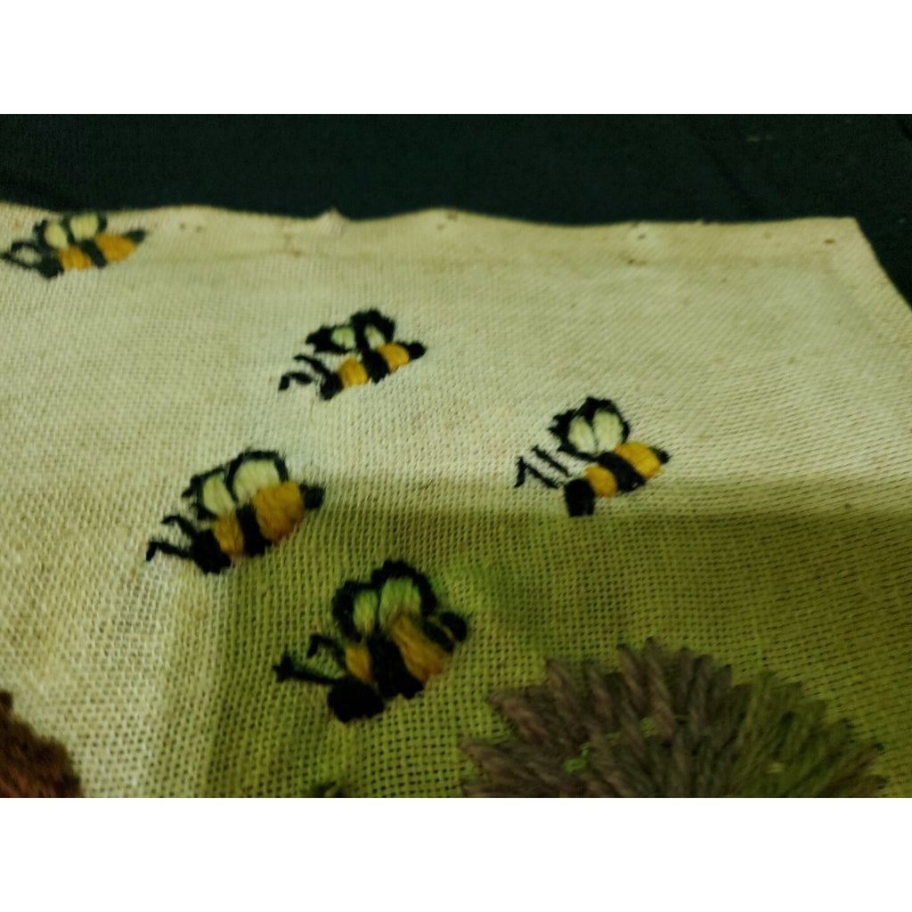 Antique Rug Hooking Tapestry Art Handmade Bees, Bugs Flowers 12.5X14.5