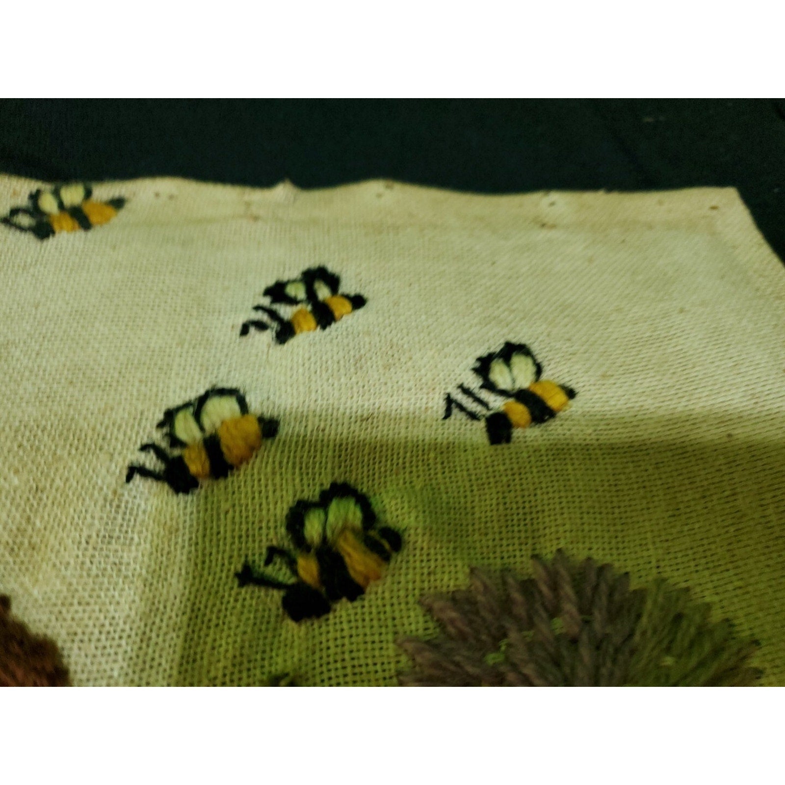 Antique Rug Hooking Tapestry Art Handmade Bees, Bugs Flowers 12.5X14.5