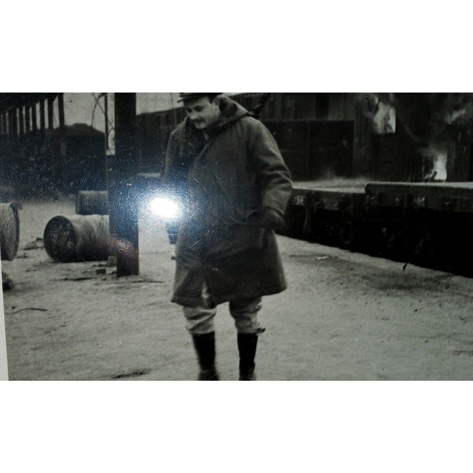 Vintage Rare 1950"s Photo Korean War intelligence Officer W/ Burning Train ORIG