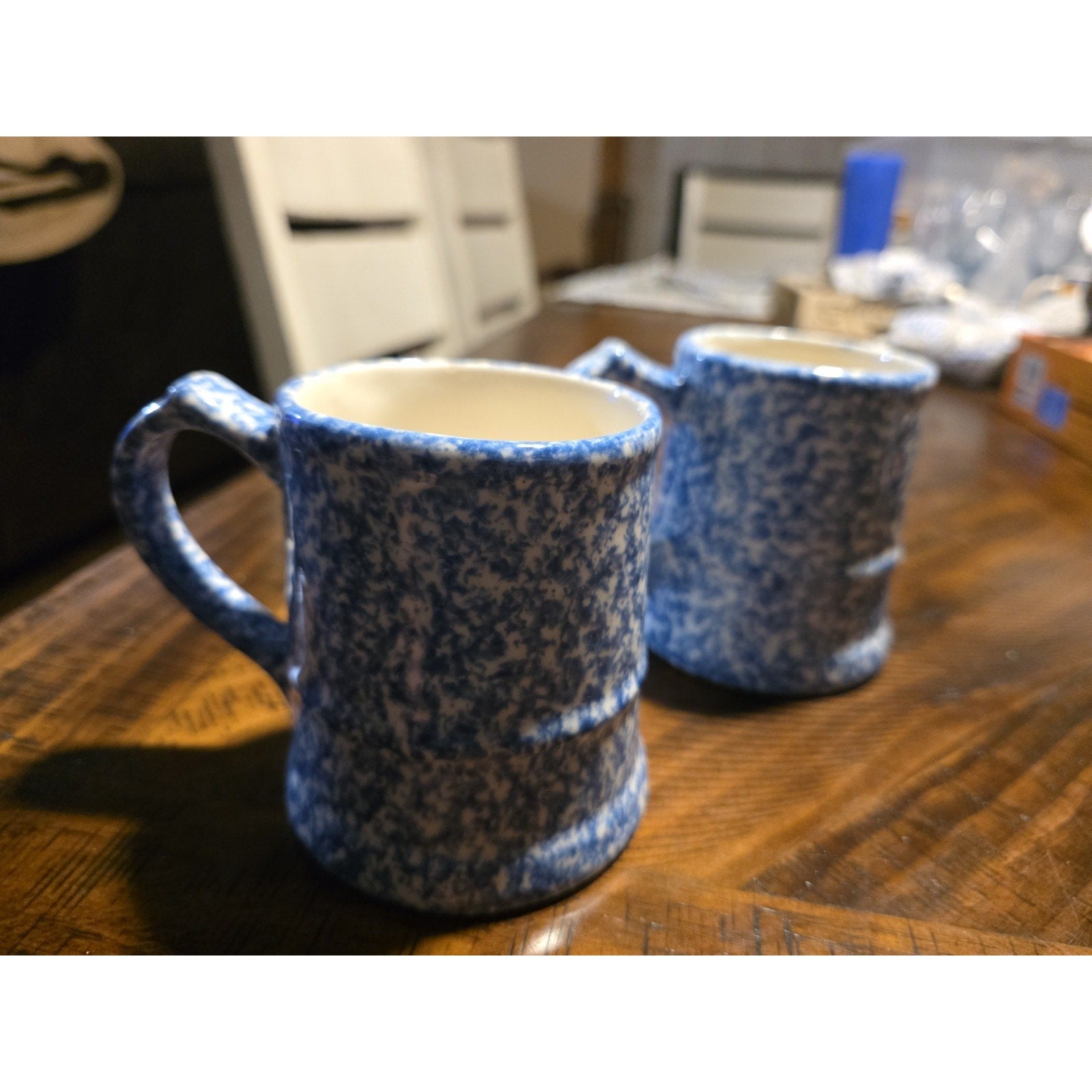 Vintage Pair Blue Spongeware Bamboo Handle Coffee Mug Stoneware Bird Maker Mark