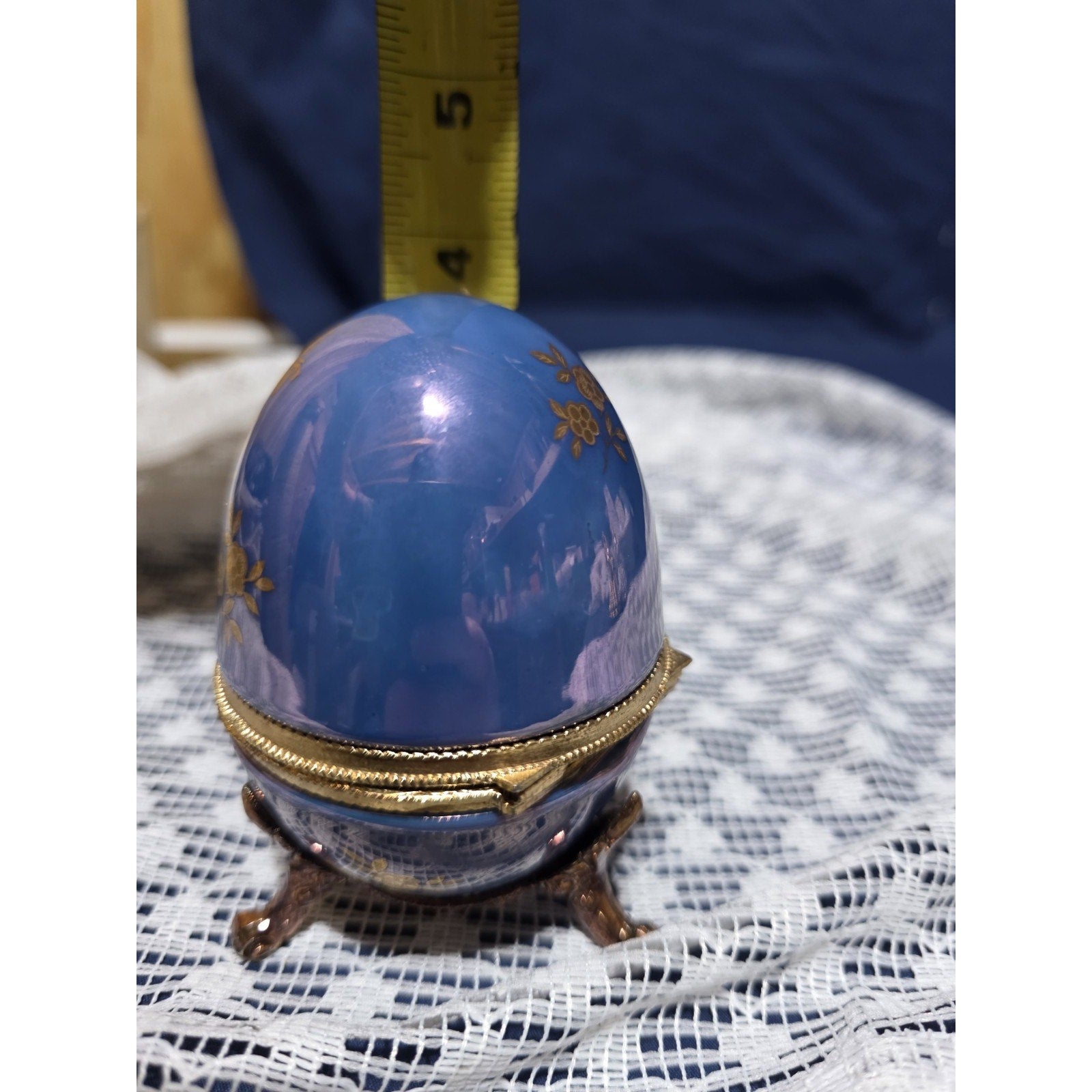 Vintage Cobalt Blue Egg Music Box Gold Tone Trim Hand Painted Footed