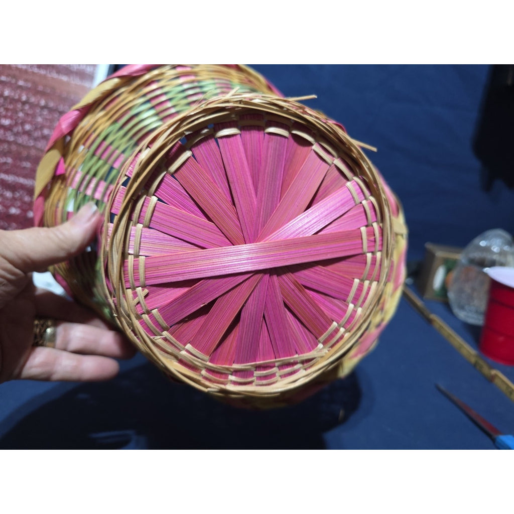 Vintage Large Easter Basket Handle Weaved Wicker Mexico Hand Woven Pink Green
