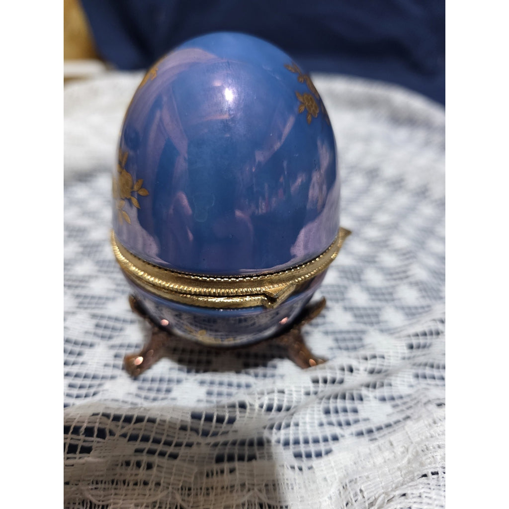 Vintage Cobalt Blue Egg Music Box Gold Tone Trim Hand Painted Footed