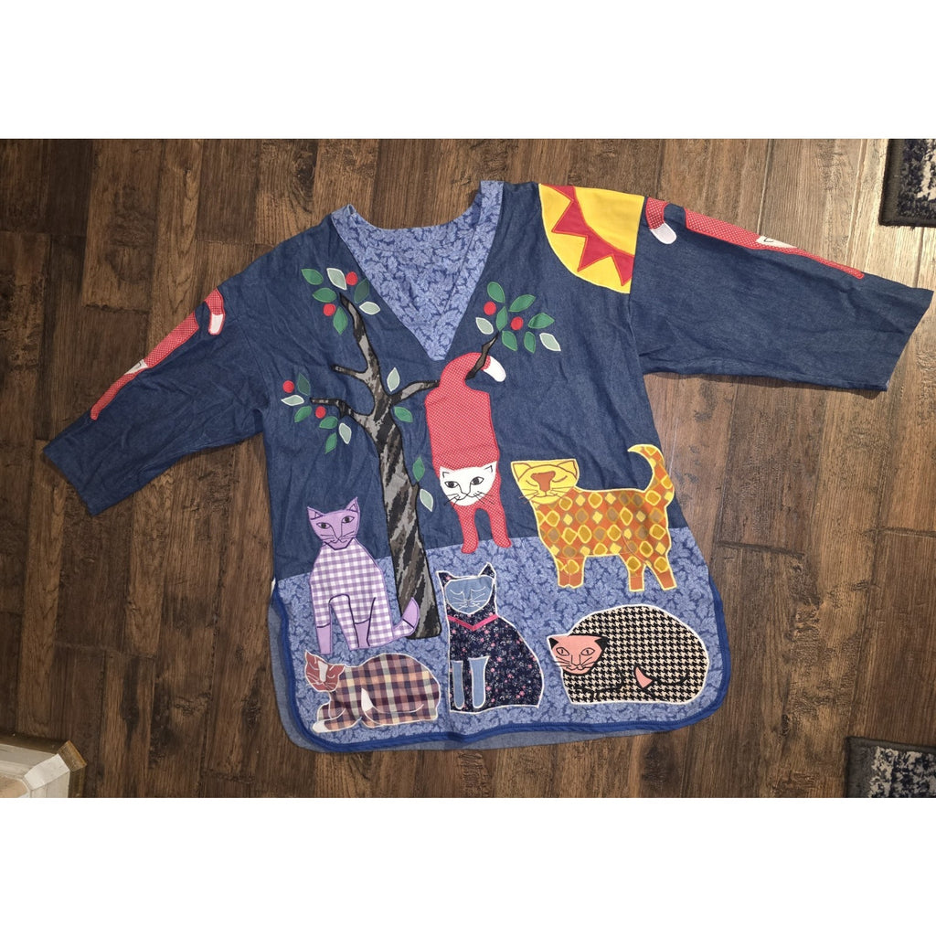 Vintage 70-80s Cat Patchwork Smock Top - XL - Boho Lagenlook Pullover