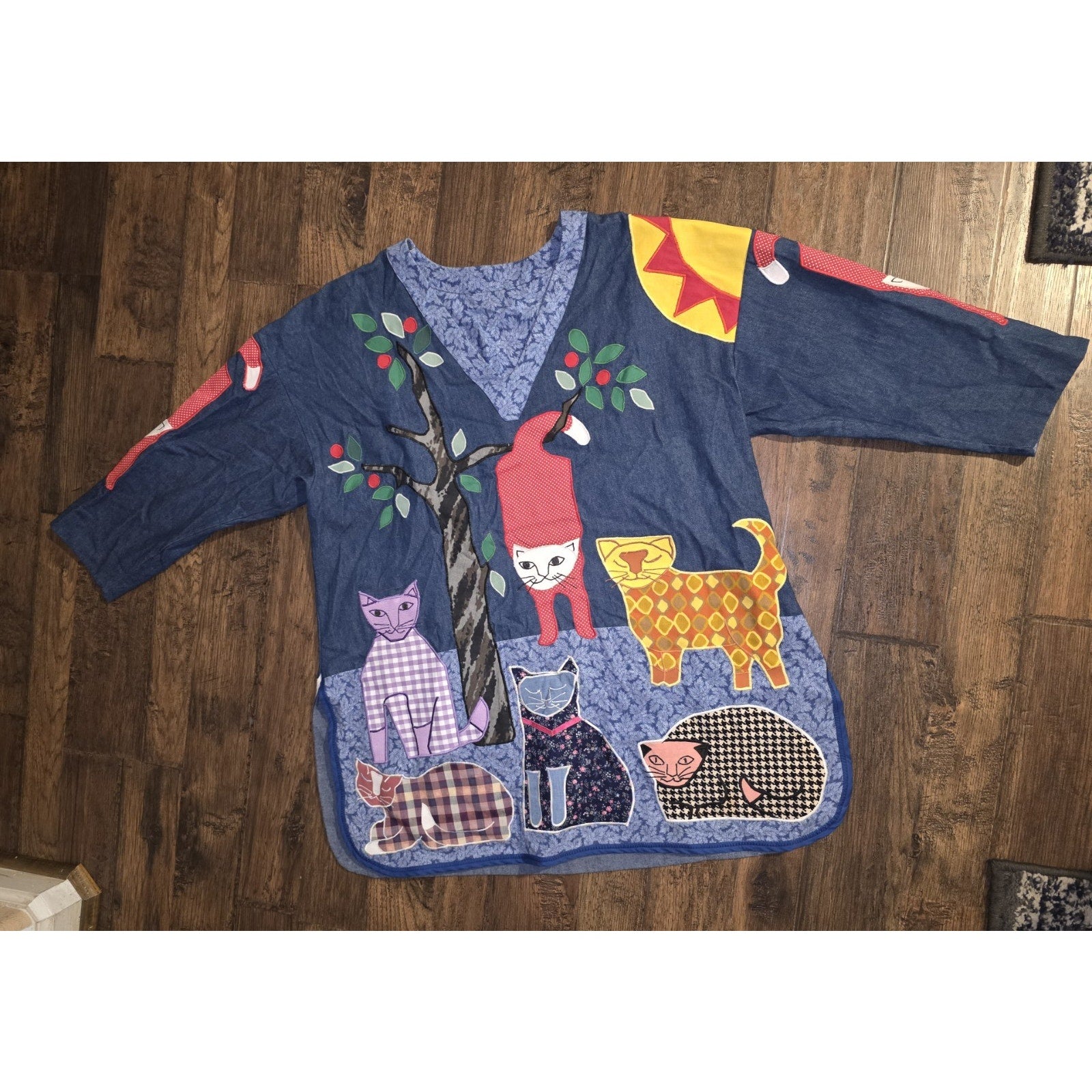 Vintage 70-80s Cat Patchwork Smock Top - XL - Boho Lagenlook Pullover