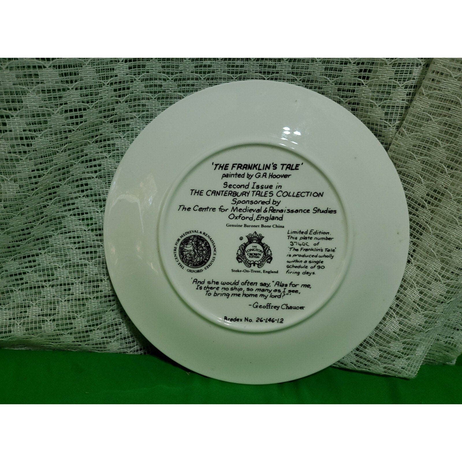 Longton Crown Pottery Collector Plate :The Franklin's Tale -Bone China LE - 8.5"
