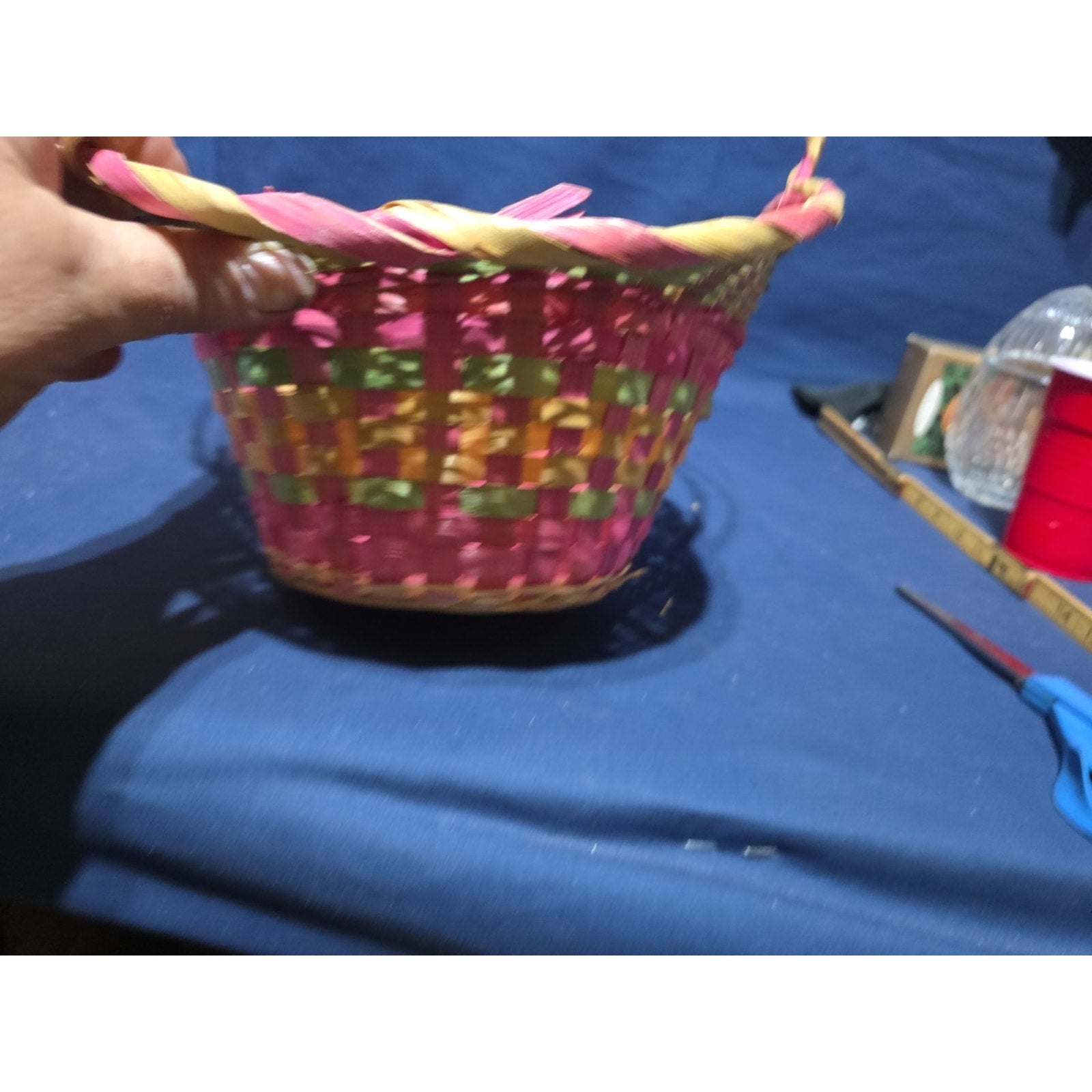 Vintage Large Easter Basket Handle Weaved Wicker Mexico Hand Woven Pink Green