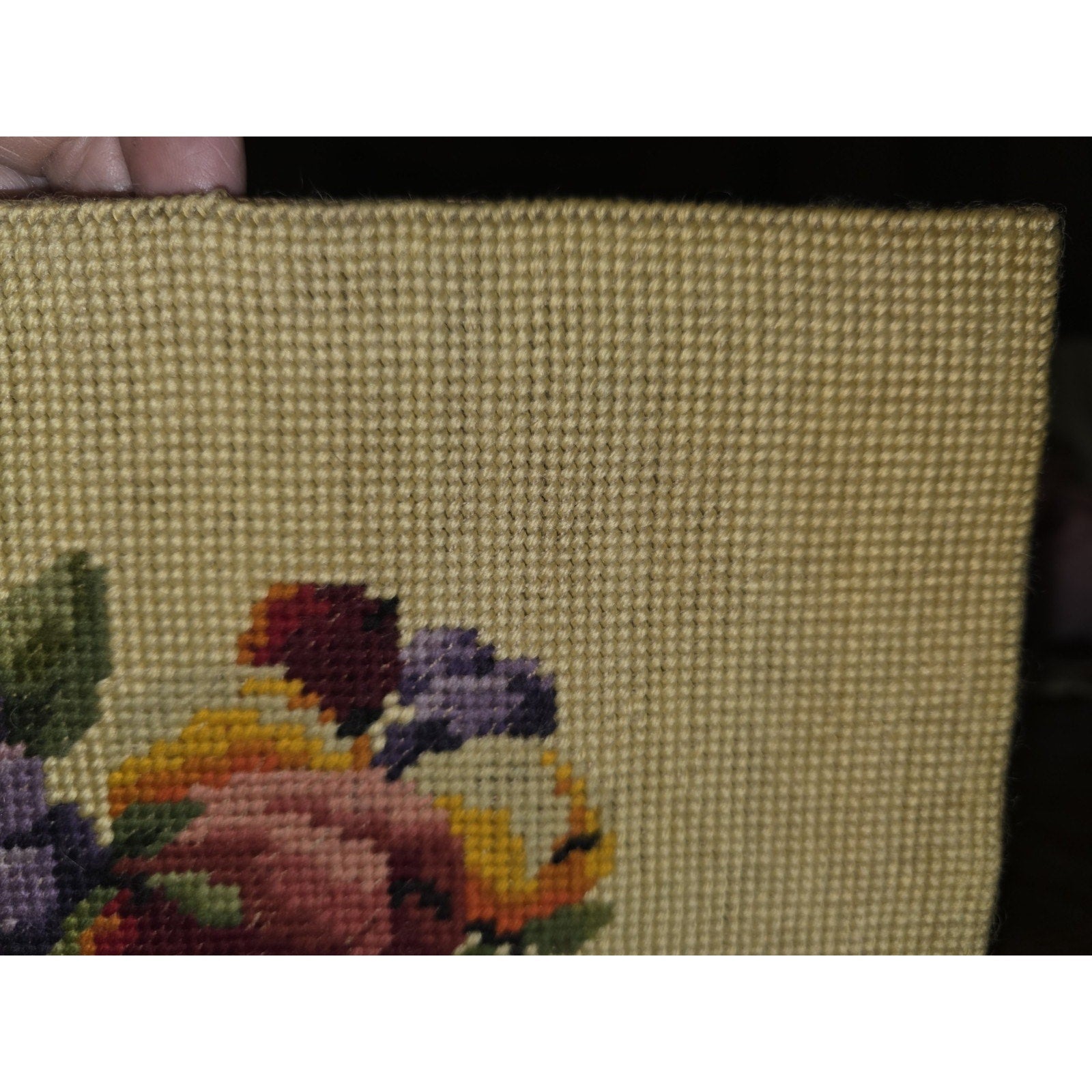 Vtg Needlepoint Fruit Bowl Floral Still Life Finished Hand Embroidered UNFRAMED