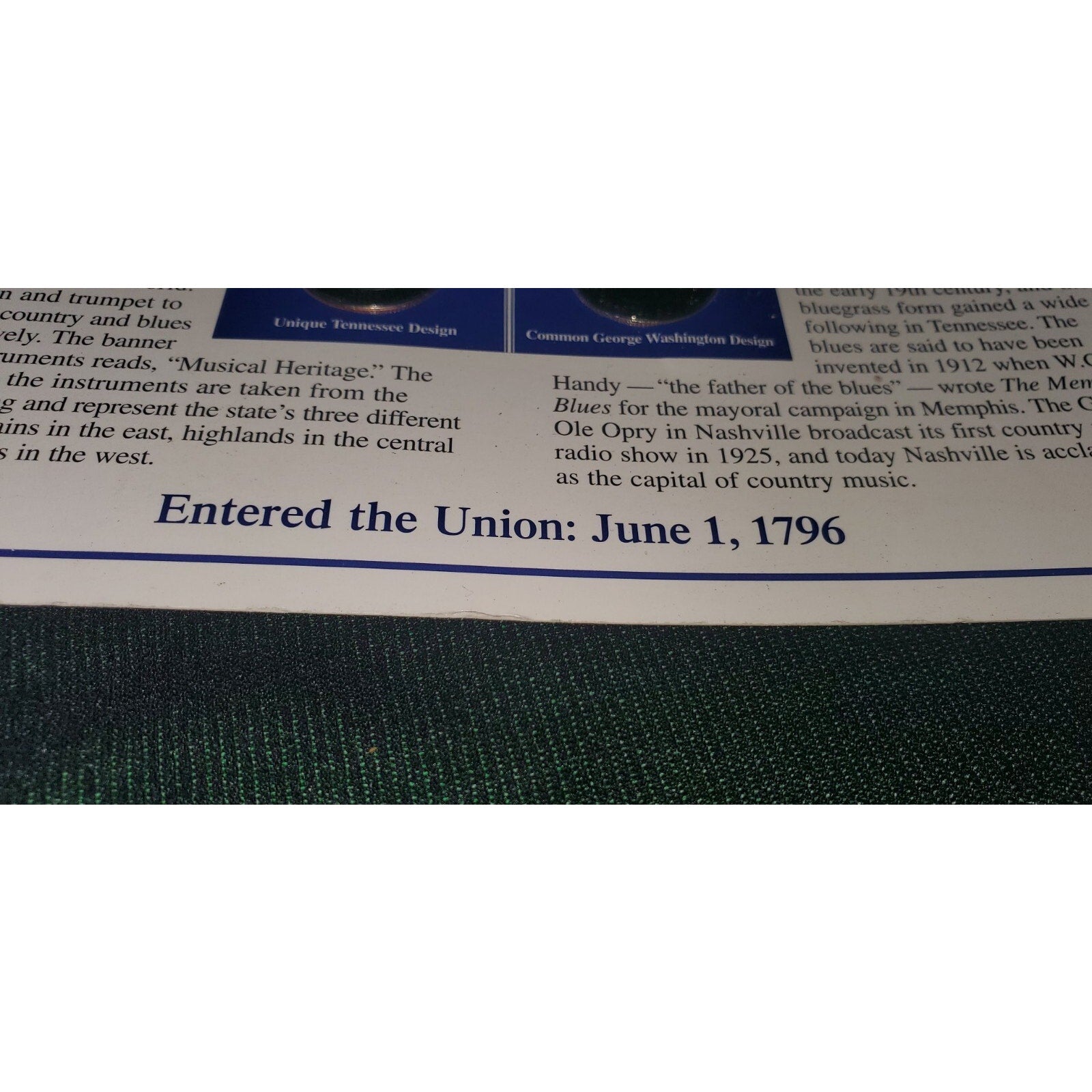 Tennessee Uncirculated Quarters Stamps Collection Card The Volunteer State 1796