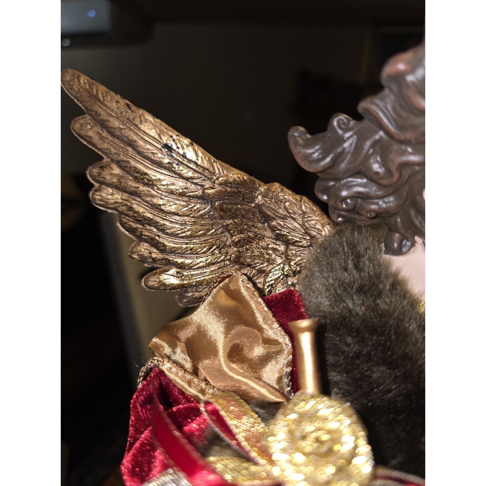 Vintage Christmas Angel Tree Topper 16" Burgundy Velvet Gold Lace Horn Trumpet