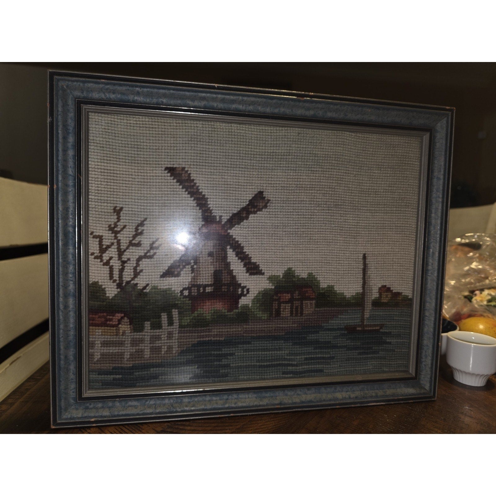 Vintage Needlepoint Framed Art Windmill Scene Dutch
