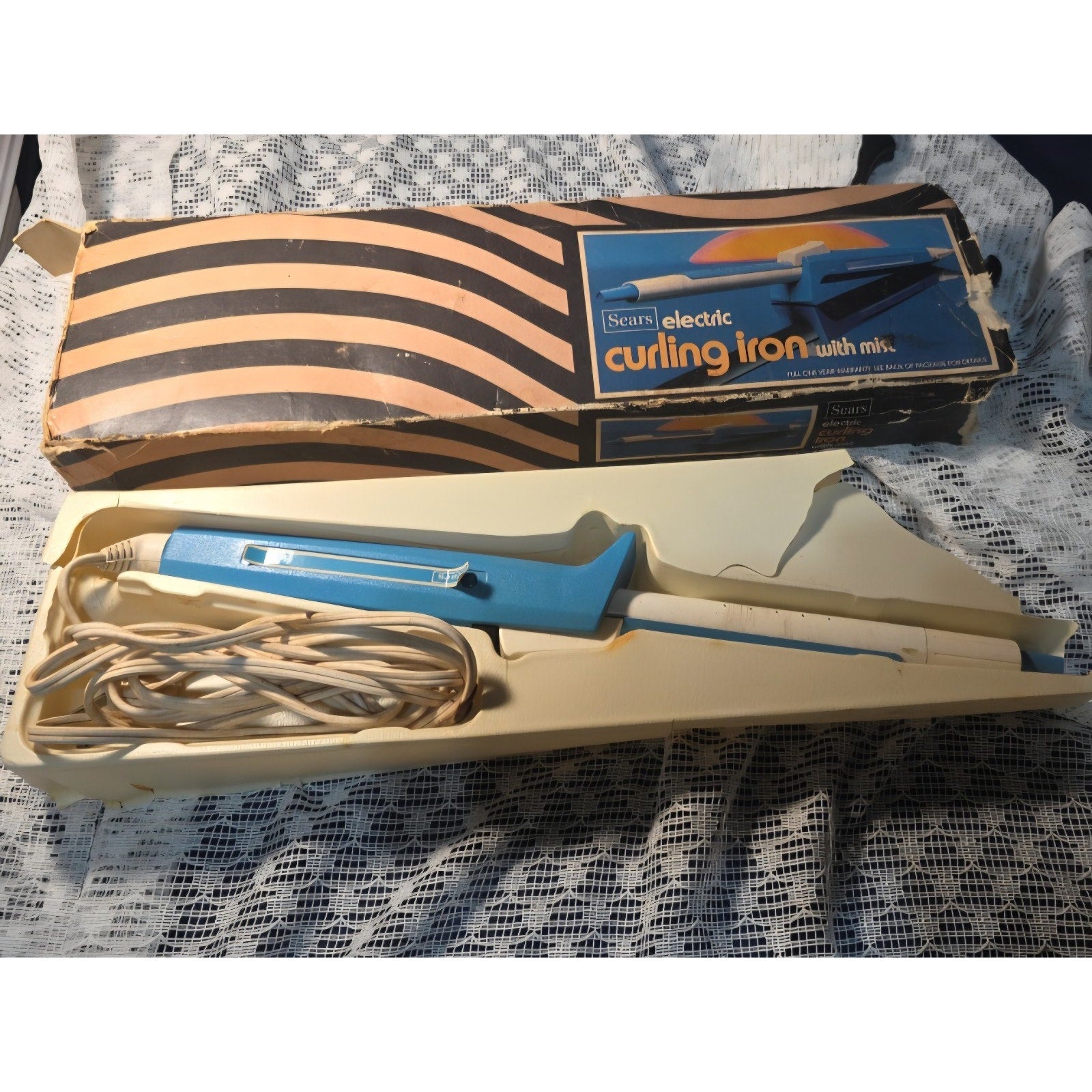 Vintage Sears Mist Curling Iron Style Mc-2 White And Blue Works Tested