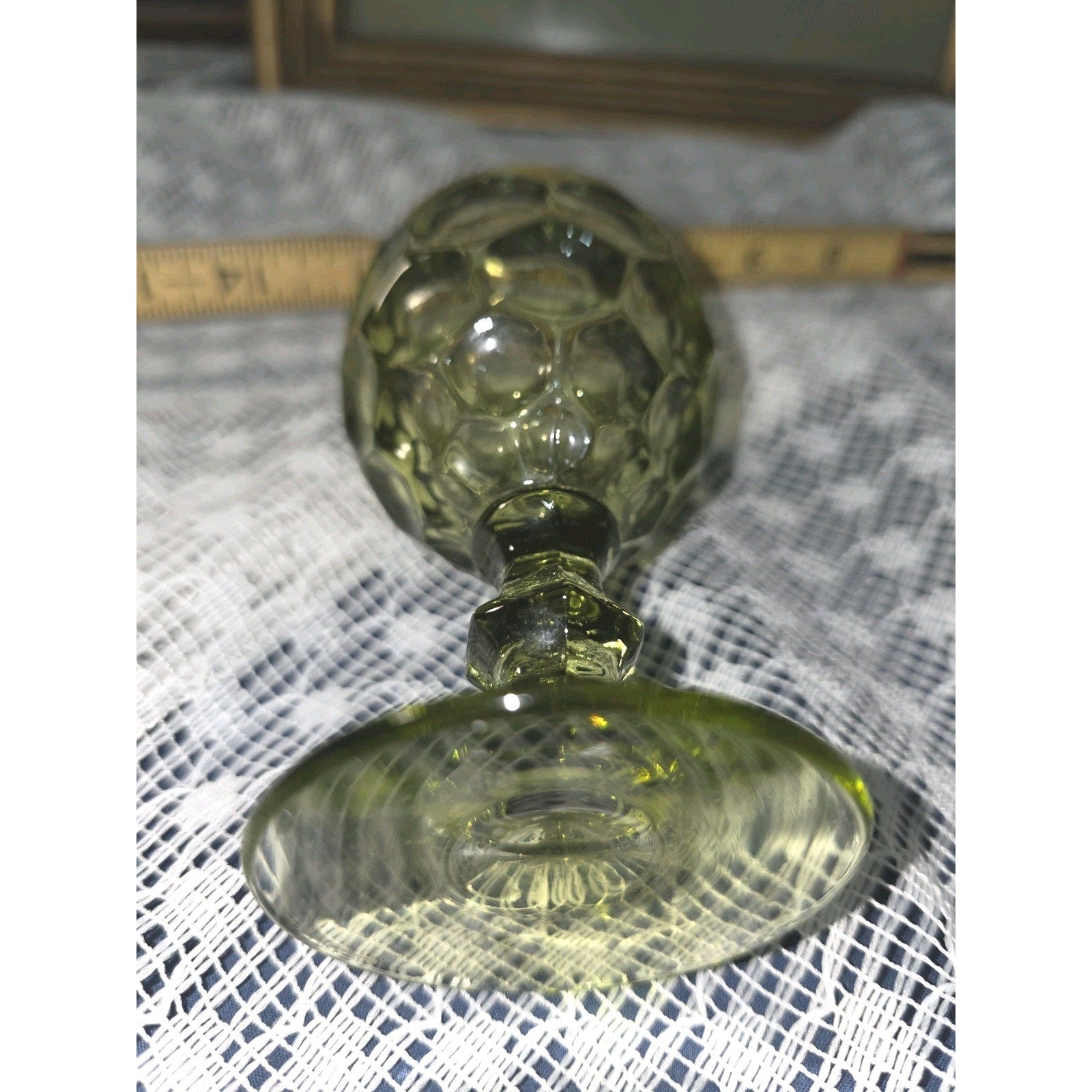 Vintage Avocado Green Glass Cordial Glass Thumbprint Kings Crown Pattern 4.5"
