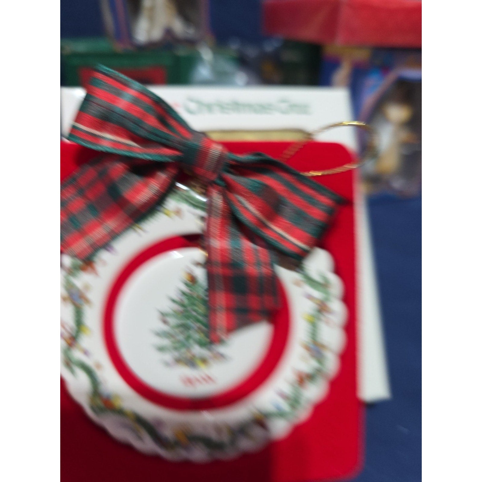 Spode Vintage Round Christmas Tree Porcelain Ornament 2000 Plaid Bow In Box