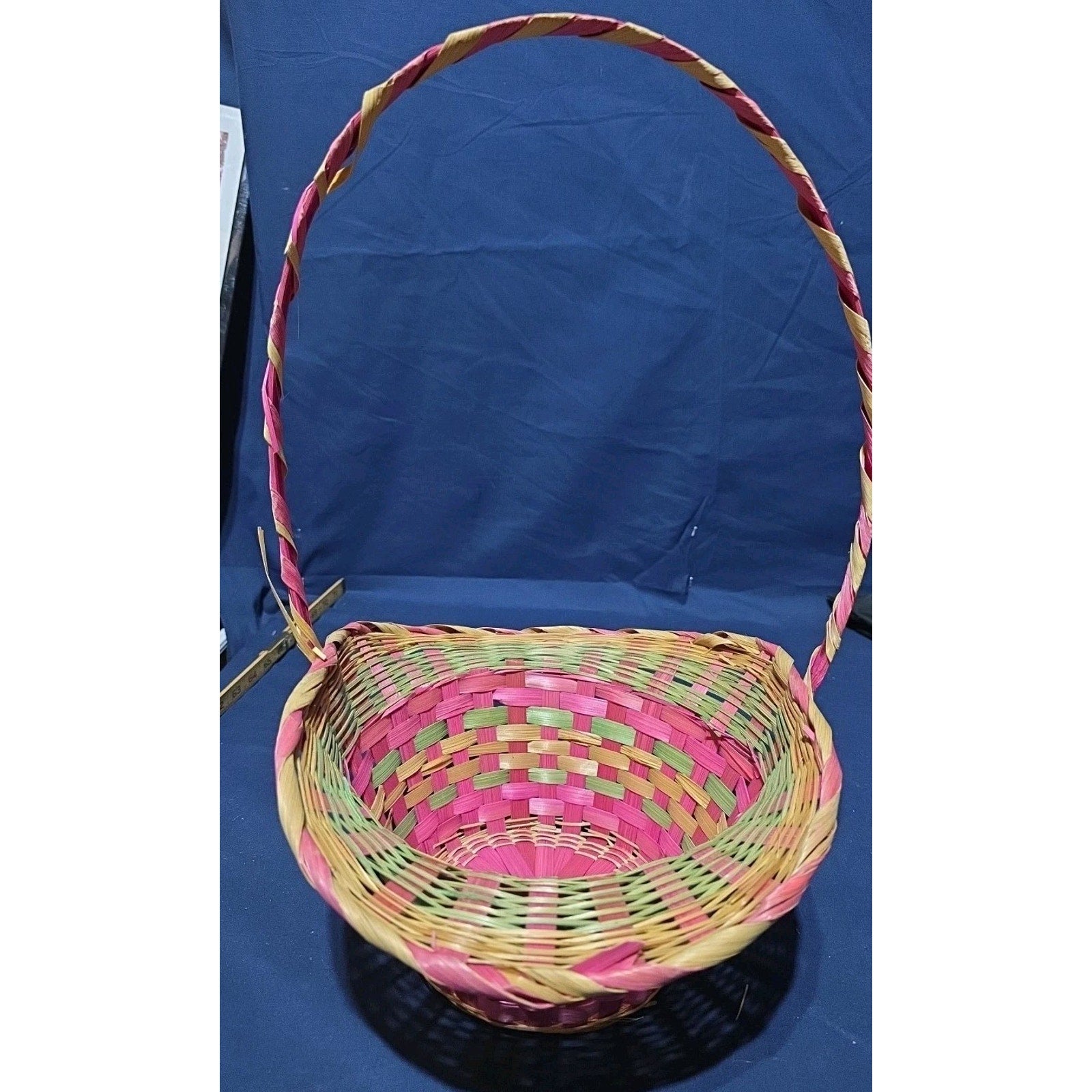 Vintage Large Easter Basket Handle Weaved Wicker Mexico Hand Woven Pink Green
