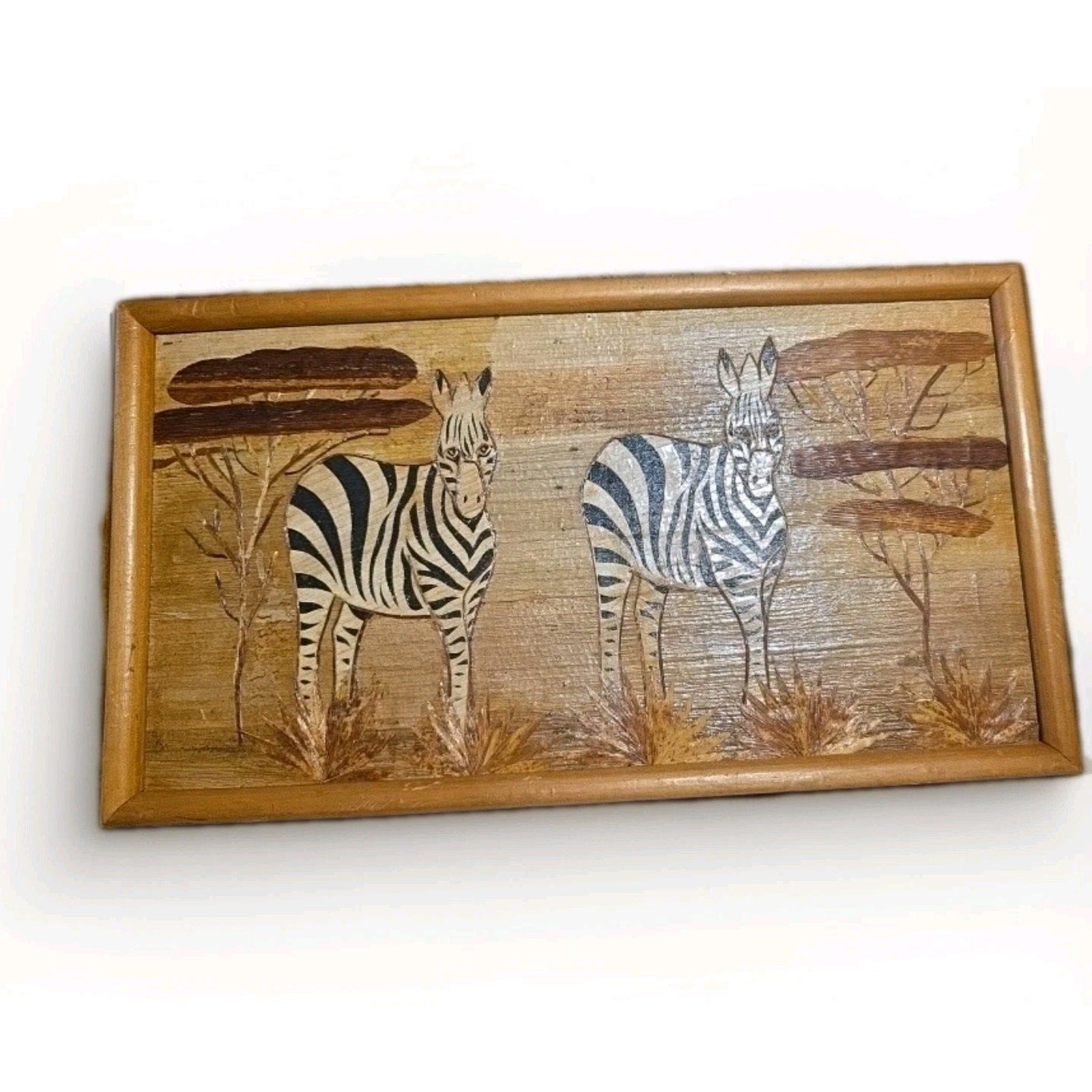 Vintage African Banana Leaf Mosaic Art Framed Zebra Folk Art Mid Century Kenya