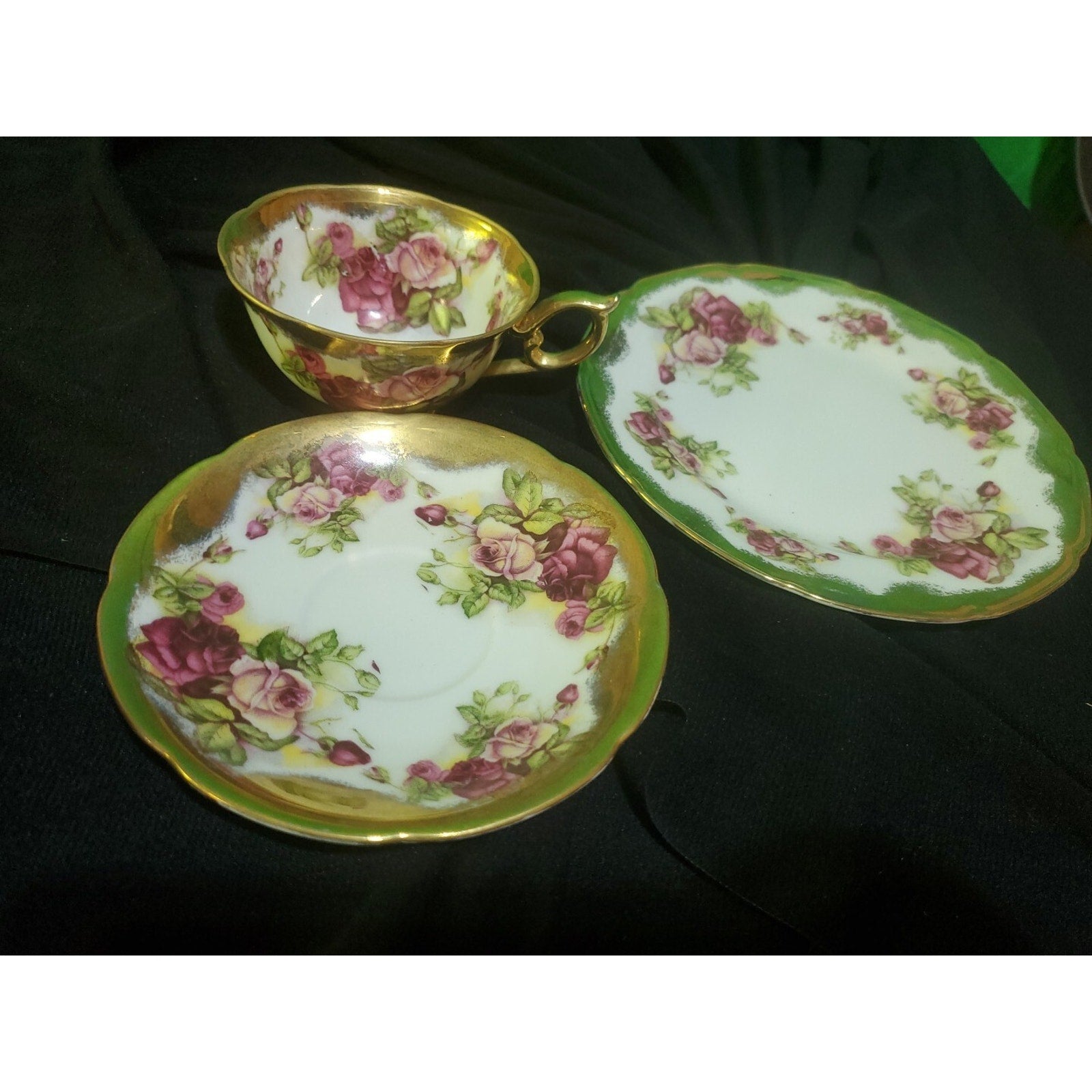Norcrest China Tea Cup & 2 Saji Saucer Plate Japan Golden Rose