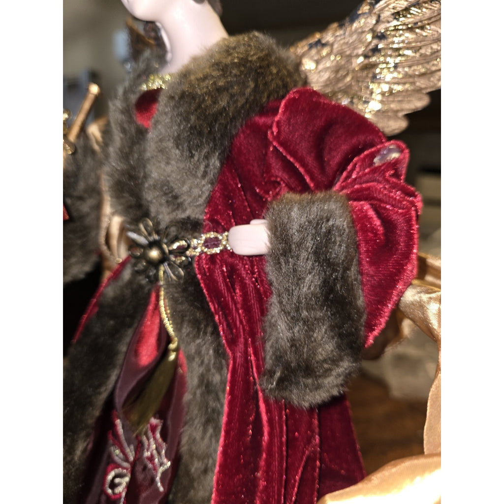 Vintage Christmas Angel Tree Topper 16" Burgundy Velvet Gold Lace Horn Trumpet
