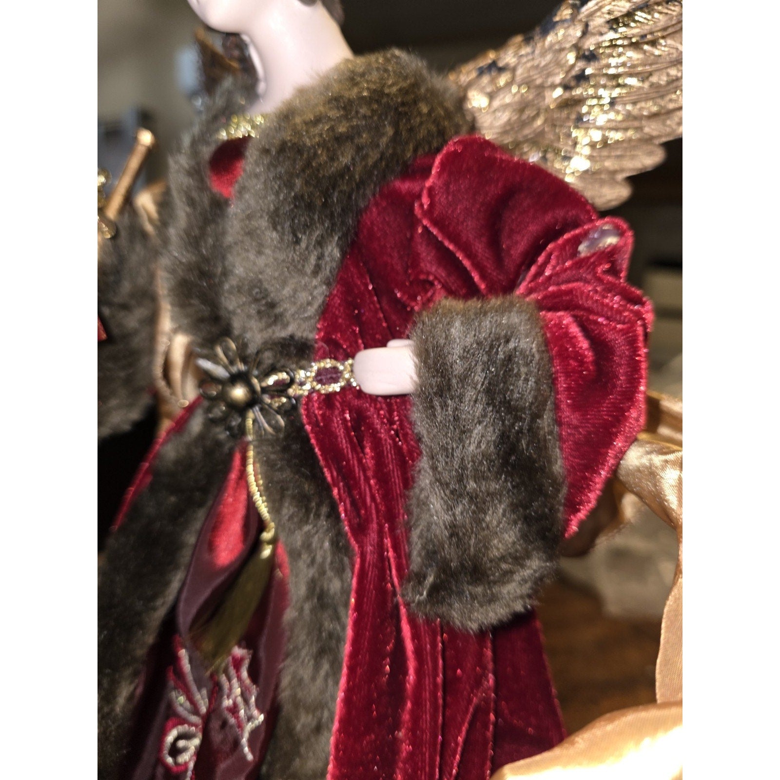 Vintage Christmas Angel Tree Topper 16" Burgundy Velvet Gold Lace Horn Trumpet